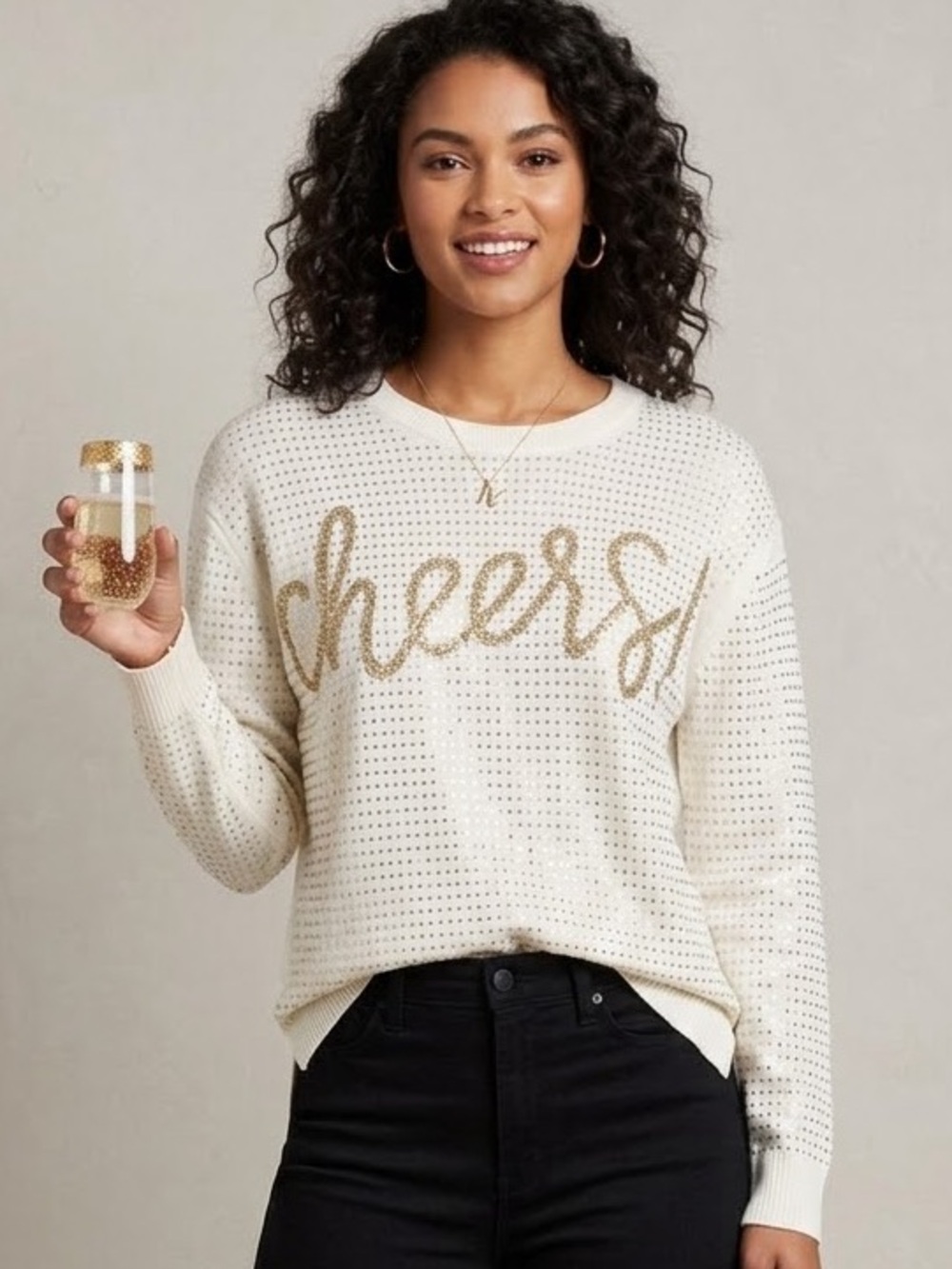 Queen of Sparkles White Gold Embellished Tinsel Long Sleeve Crewneck Sweater XXL